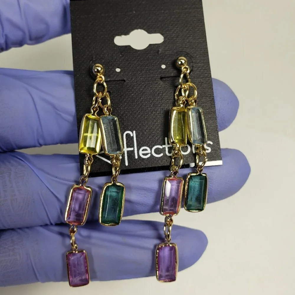 Gold tone Chain Drop Earrings Multicolor Crystal Dangles Stylish Women's Jewelry